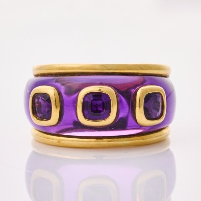 18ct Yellow Gold, Handmade, Bezel Set Amethyst / Inlaid Amethyst Ring