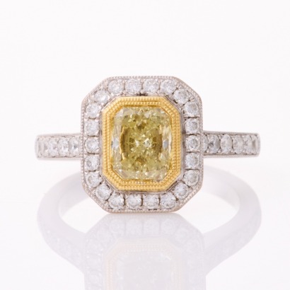 18ct White / Yellow Gold, Modern, 1.50ct Radiant Diamond / .28ct Diamond Accents Halo Ring, GIA certified
