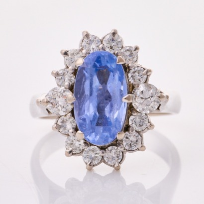 12-14ct White Gold, Modern, 3.62ct Ceylon Type Sapphire / 1.03ct Diamond Ring