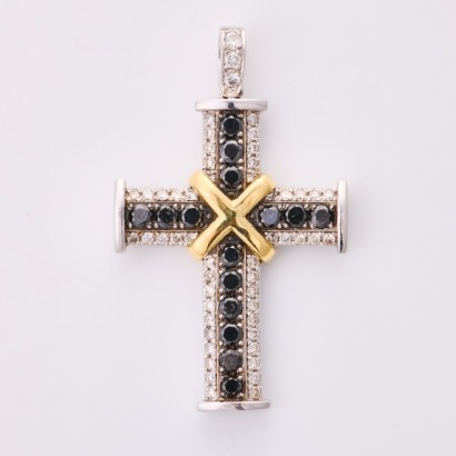 18ct White Gold, Modern, .72ct Black Diamond / .82ct Diamond Cross Pendant