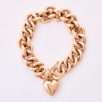 9ct Rose Gold, Vintage, 17.5cm Curb Link Bracelet with Heart Shaped Padlock Clasp