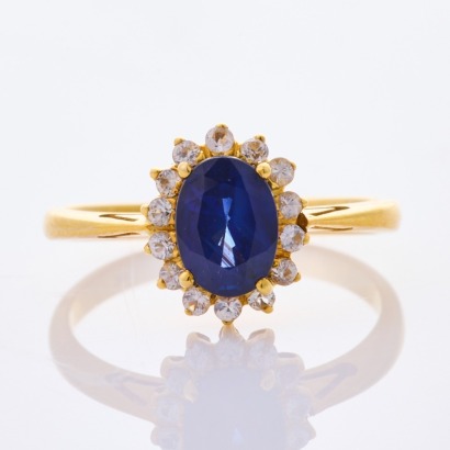 14ct Yellow Gold, 1.33ct Sri Lankan Blue Sapphire / .18ct White Sapphire Ring - Near new