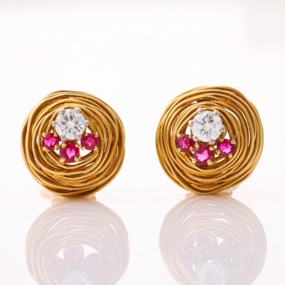 18ct Yellow Gold, Vintage, .57ct Ruby / .69ct Diamond Earrings