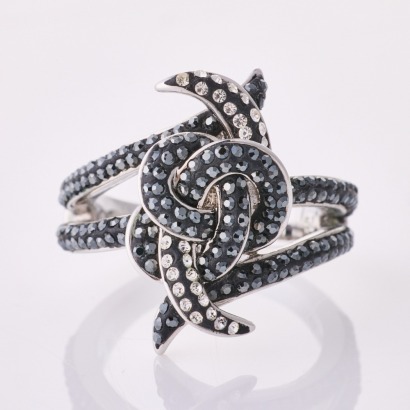 Rhodium Plated Base Metal, Costume Ring with Black Stones