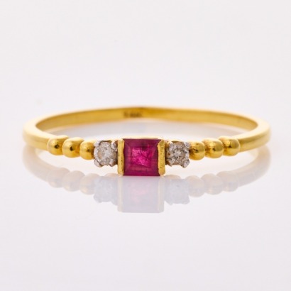 14ct Yellow Gold, Vintage, Square Ruby .02ct Diamond Ring