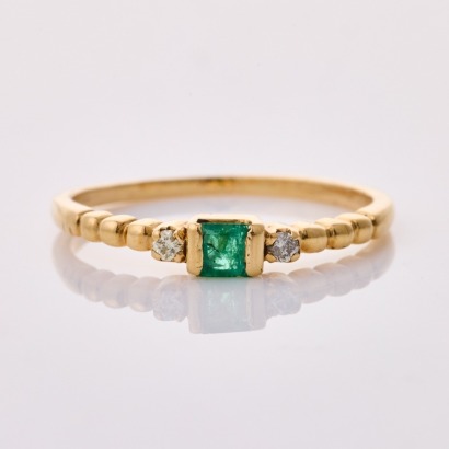 14ct Yellow Gold, Vintage, Square Emerald / .02ct Diamond Ring