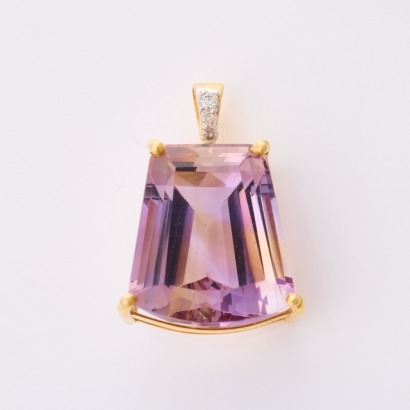 14ct Yellow Gold, Modern, Rectangular Ametrine / .05ct Diamond Pendant