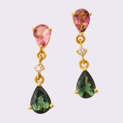 14ct Yellow Gold, Modern, Pink - Green Tourmaline / .02ct Diamond Drop Earrings