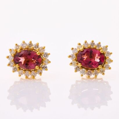 14ct Yellow Gold, Oval Mixed Cut Pink Tourmaline / .30ct Diamond Stud Earrings