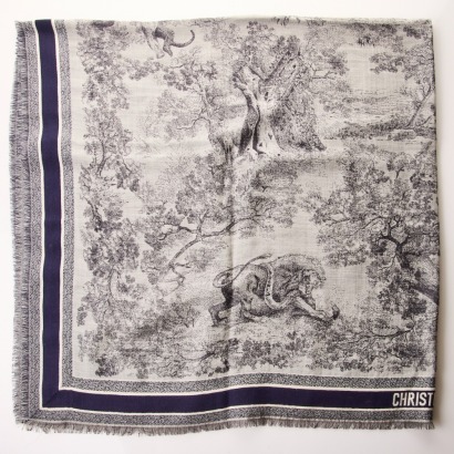 Christian Dior, 53% Wool, 31% Silk, 16% Cotton Toile De Jouy Navy / Ivory,Shawl