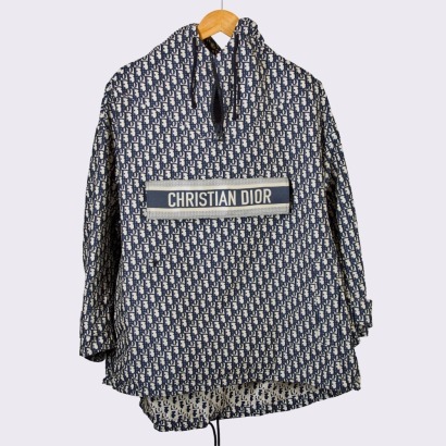 Christian Dior, Blue / Ecru, Technical Taffeta Jacquard with Dior Oblique Motif, Hooded Anorak, Size XS