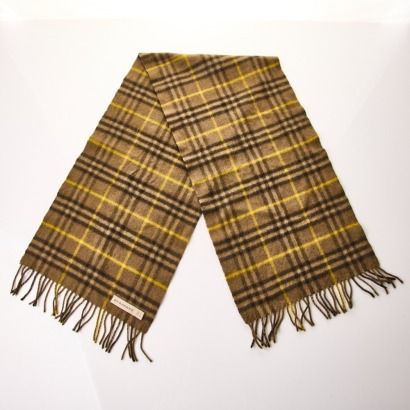 Burberry, Check, Moss Green / Yellow 100% Cashmere Long Scarf