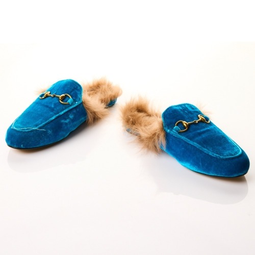 Gucci, Turquoise Velvet / Fur Princetown Horsebit Mules, Size 36