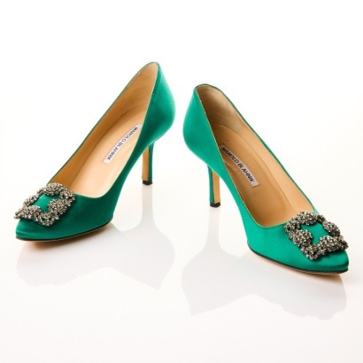 Manolo Blahnik, Hangisi, Green Satin Heels, Size 37.5