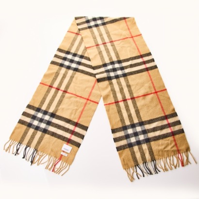 Burberry, 100% Cashmere Camel Check Scarf with Box