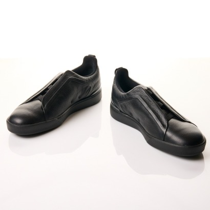 Ermenengildo Zegna, Black Leather Triple Stitch Sneakers, Size 10 with Box - Near new