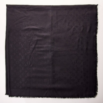 Louis Vuitton, Monogram, 60% Silk / 40% Wool Black Shawl with Box