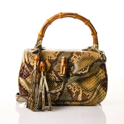 Gucci, Limited Edition, New Bamboo, Medium Beige / Ebony Python Top Handle Bag