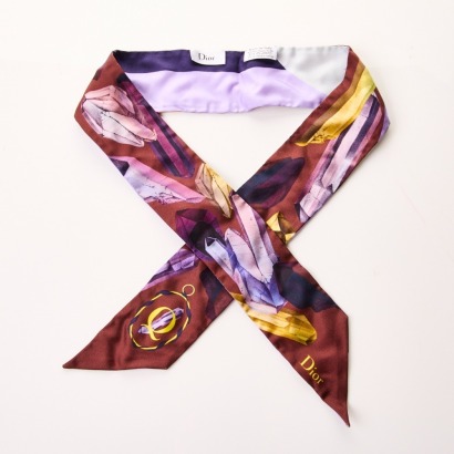 Dior, Purple Printed 100% Silk Twilly Scarf with Box