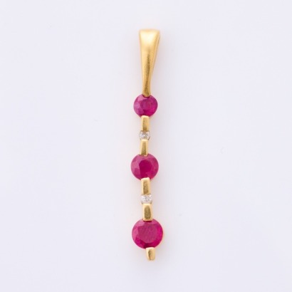 14ct Yellow Gold, Three Stone Ruby / .02ct Diamond Pendant