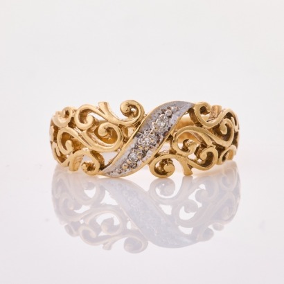 9ct Yellow Gold, Open Work. 02ct Single Cut Diamond Ring