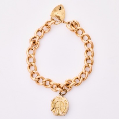 9ct Yellow - Rose Gold, Vintage, 19cm Hollow Curb Link Bracelet with Padlock Clasp and Rolled Gold Horse Shoe Locket