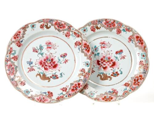 A Pair of Chinese Qing Dynasty Yongzheng to Qianlong Period Famille Rose 'Floral' Barbed-rim Plates