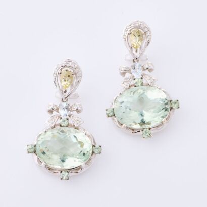 18ct White Gold, Oval Checkerboard Cut Prasiolite / .34ct Diamond Drop Earrings