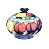 William Moorcroft, Plum and Leaves Lidded Sugar Bowl, C.1925