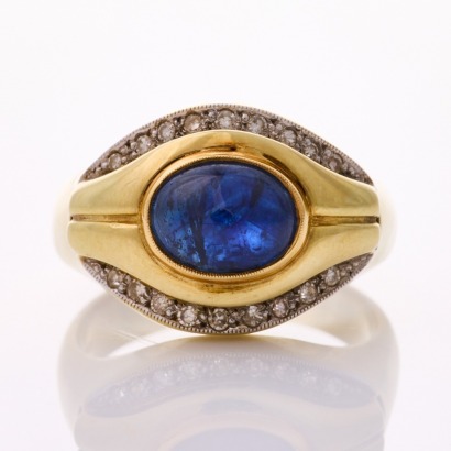 14ct Yellow Gold, Modern, Cabochon Cut Sapphire / .18ct Diamond Ring