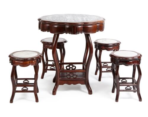 A Chinese Flower Table and Four Stools with marble tops