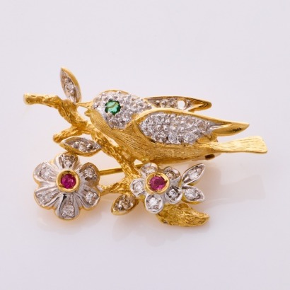 18ct Yellow Gold, Retro, .20ct Diamond / Ruby / Emerald Set Bird Brooch, circa 1950's