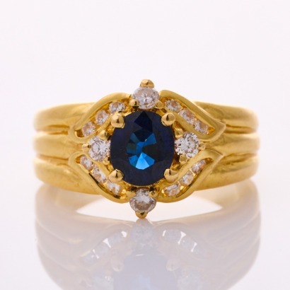 21ct Yellow Gold, Modern, .80ct Sapphire / .30ct Diamond Ring