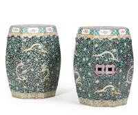 A Pair of Chinese Qing Dynasty Black Ground Famille Rose Hexagonal 'Dragon' Stools