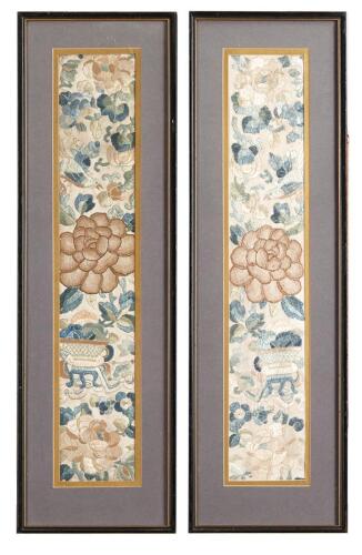 A Pair of Chinese Embroidered 'Peony' Panel