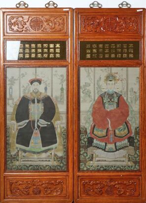 A Pair of Chinese Hardwood Panels with Openwork Frames, Inset with Traditional Figural Paintings