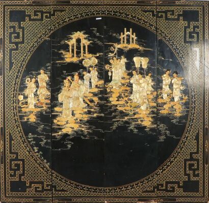 A Chinese 21st Century Four-Panel Black Lacquer and Gilt &lsquo;Court Ladies &lsquo;Folding Screen