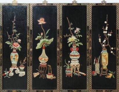 A Set of Four Chinese 20th Century Black Lacquer Gilt 'Hundred Antiques' and Floral Panels