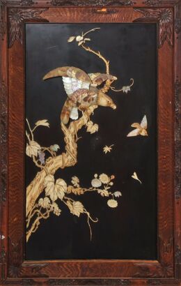 A Japanese Meiji Period Black Lacquer Panel with Floral and Bird Motifs