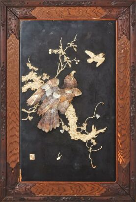 A Japanese Meiji Period Black Lacquer Panel with Floral and Birds Motifs