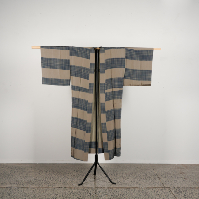 A Japanese Mid 20th-Century Light Grey and Blue Check Men's Kimono
