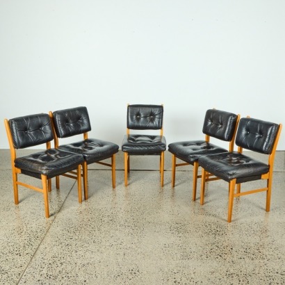 A Set of Five Mid-Century Danske Mobler Leather-Cushioned Dining Chairs