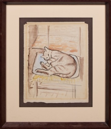ARTIST UNKNOWN Cat Sleeping Watercolour