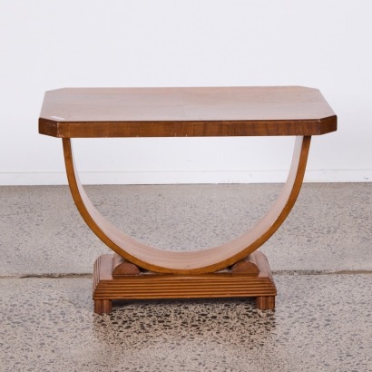 An Art Deco Curved Wood Console with Marquetry Top