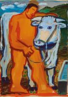 DICK FRIZZELL Man and Bull in Landscape