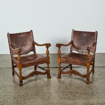 A Pair of Oak and Leather Arm Chairs c. 19th Century