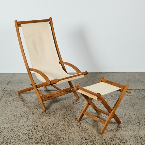 A Skagerak Tarok Teak and Canvas Rocker with Foot Stool
