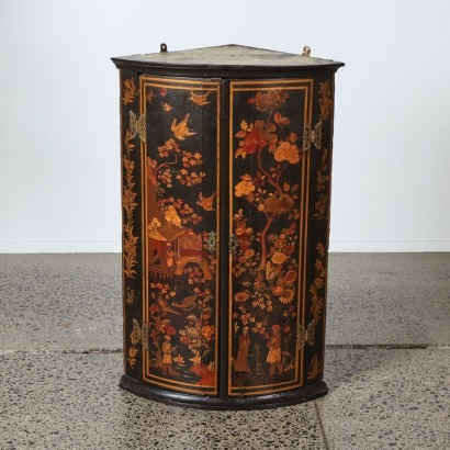 A Georgian Chinoiserie Bow Front Corner Cupboard