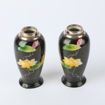 A Pair of Porcelain Lotus Vases with Sterling Silver Rims