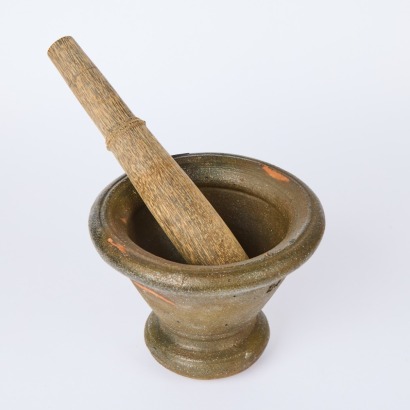 A Terracotta Stoneware Mortar & Wooden Pestle